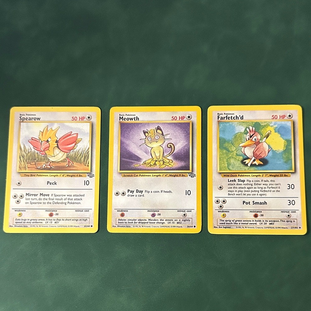 Pokemon Card Set - Spearow, Meowth, Farfetch'd with Yellow Borders
